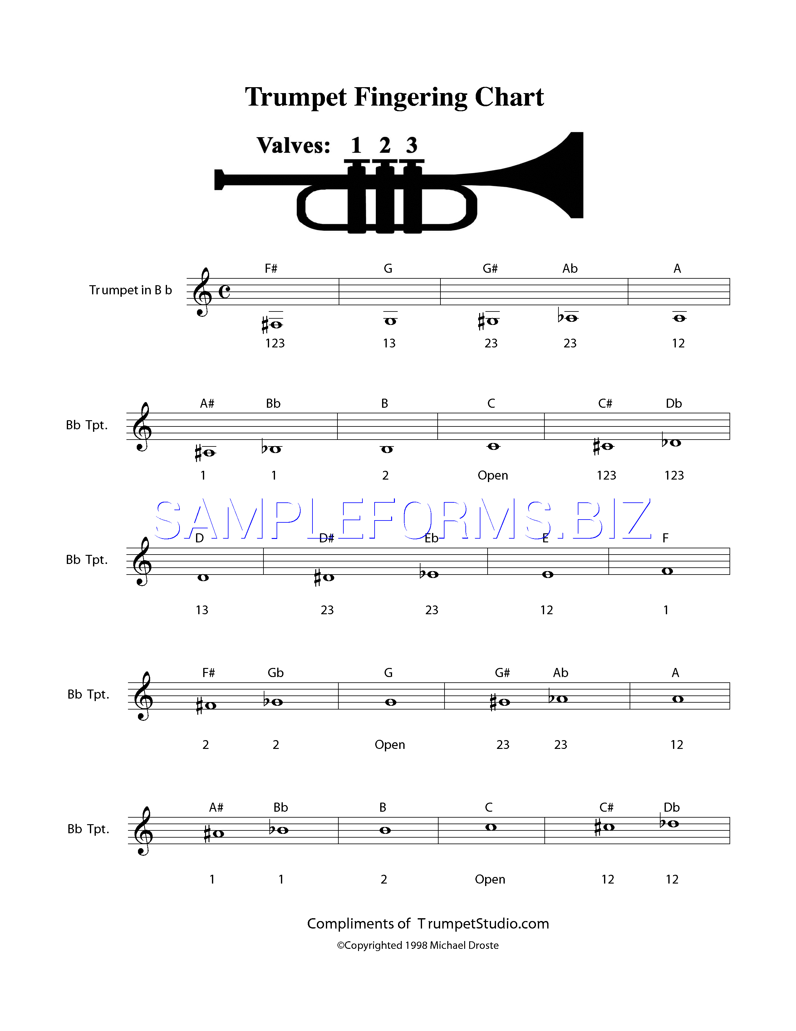 Preview free downloadable Trumpet Fingering Chart 2 in PDF (page 1)